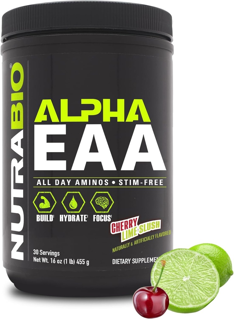 NutraBio Alpha EAA - Acides aminés toute la journée pour la croissance et l'hydratation musculaires - Acides aminés essentiels avec nootropiques et adaptogènes- Full Spectrum EAA BCAA Poudre - 30 portions - Lime cerise