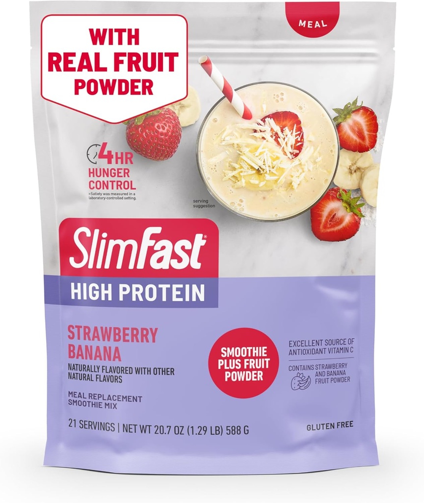 Mélange de smoothie haute protéine SlimFast plus poudre de fruits, poudre de substitut de repas haute protéine, fibre, vitamine C, 21 portions, 1,29 livre, banane fraise (paquetage mai vary)