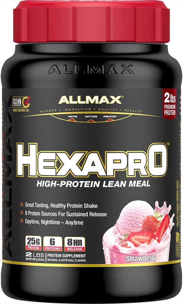 ALLMAX HEXAPRO, Strawberry - 2 lb - 25 Grams of Protein Per Serving - 8-Hour Sustained Release - Zero Sugar - 21 Servings
