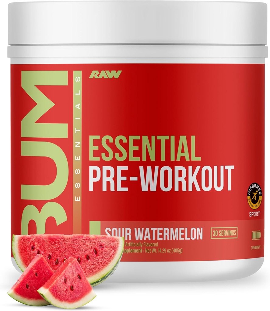 RAW Essential Pre-Workout Powder (Sour Watermelon) - Chris Bumstead Sports Supplément nutrition pour hommes et femmes - Pré-entraînement Poudre d'énergie avec caféine, L-Citrulline, L-Tyrosine et Beta Alanine Blend