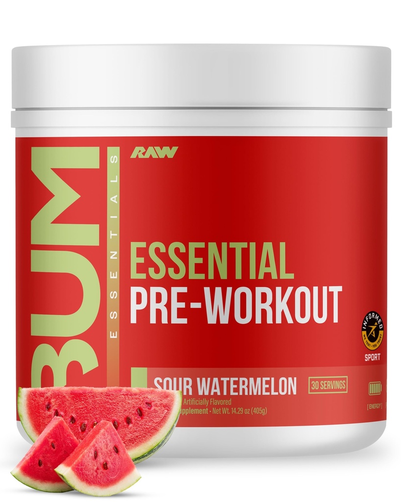 RAW Essential Pre-Workout Powder (Sour Watermelon) - Chris Bumstead Sports Supplément nutrition pour hommes et femmes - Pré-entraînement Poudre d'énergie avec caféine, L-Citrulline, L-Tyrosine et Beta Alanine Blend