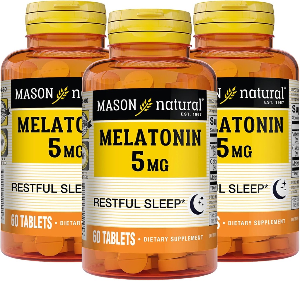 MASON NATURAL Mélatonine 5 mg avec B6 et Calcium - Aide naturelle au sommeil, soutient le sommeil et le repos sains, 60 comprimés (paquet de 3)