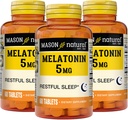 MASON NATURAL Mélatonine 5 mg avec B6 et Calcium - Aide naturelle au sommeil, soutient le sommeil et le repos sains, 60 comprimés (paquet de 3)