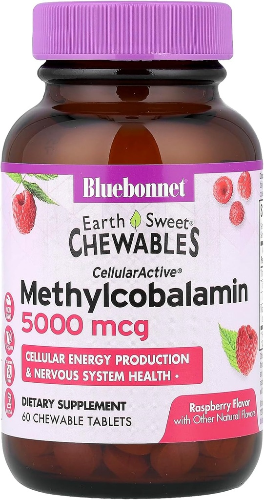 BlueBonnet Nutrition Earth Sweet® Chewables, CellularActive® méthylcobalamine, framboise, 5 000 mcg, 60 comprimés à croquer