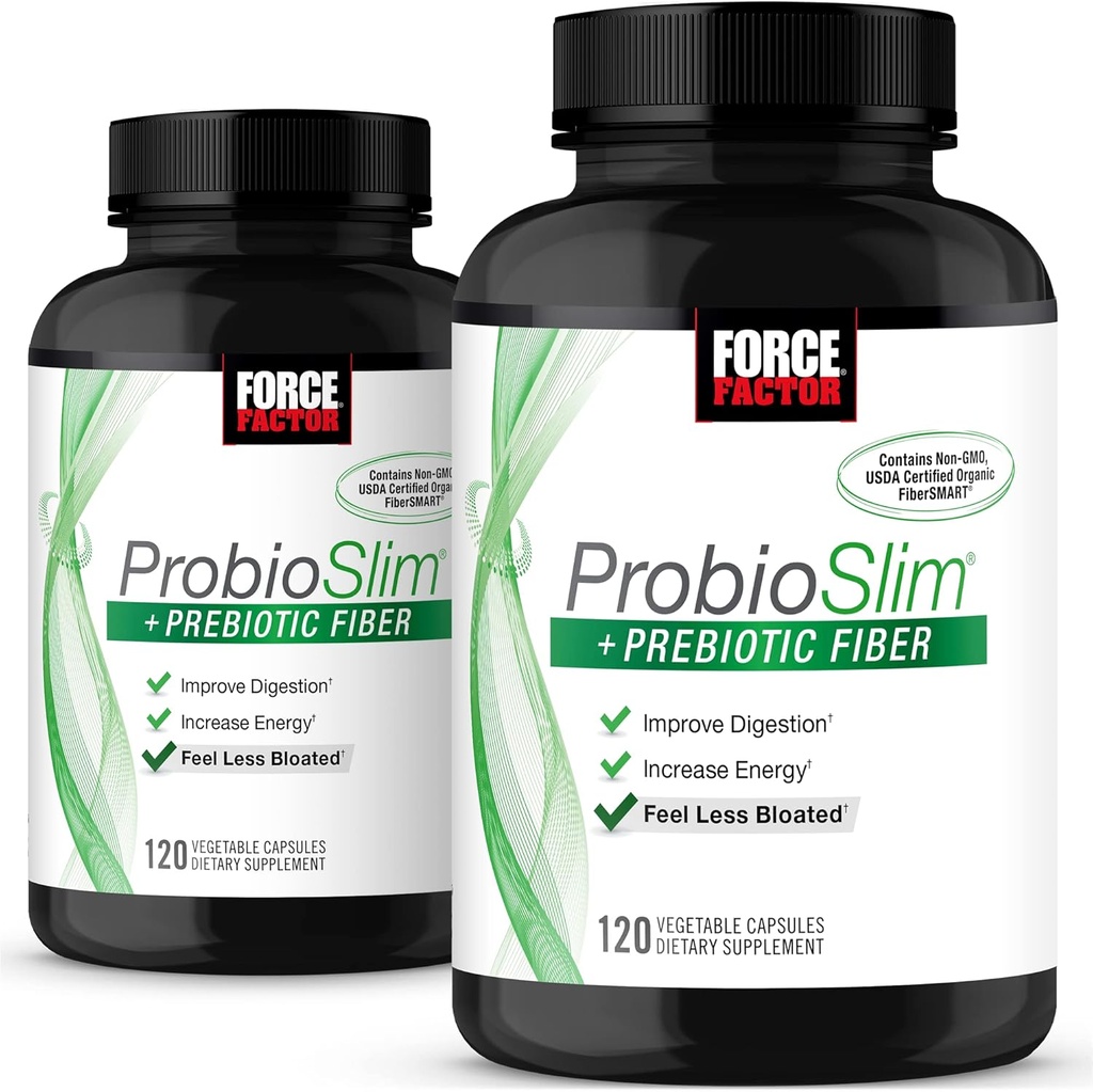 Facteur de force ProbioSlim + fibre prébiotique, booster de métabolisme pour les femmes et les hommes, soutien de la santé digestive, extrait de thé vert et fibre de musc de psyllium, 120 comte (paquet de 2)