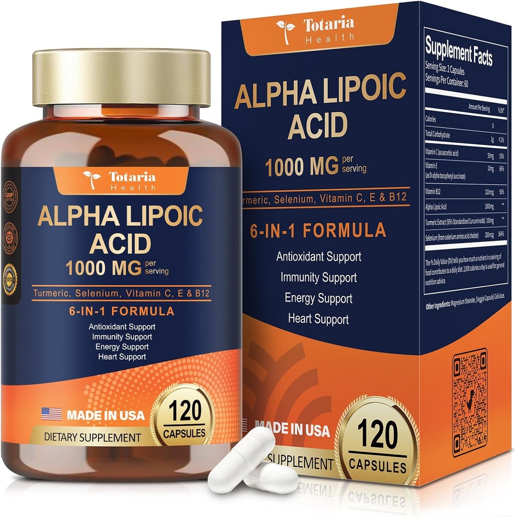 Totaria Alpha Lipoic Acid - 1000mg ALA Supplement Capsules for Neuropathy Supports Anti-Aging and Overall Health