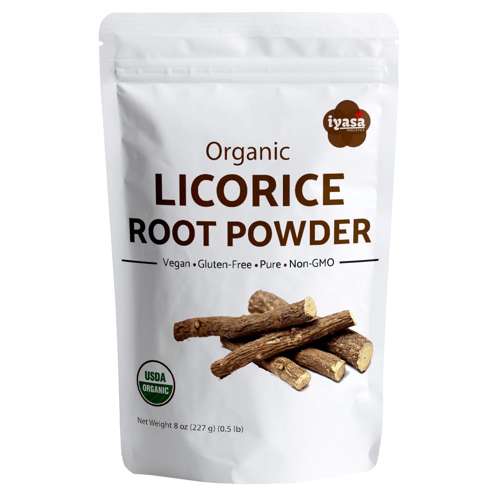 Iyasa Holistics Poudre de racine de réglisse biologique,Mulethi,Glycyrrhiza glabra,8 oz,227 gm,Expectorant naturel,Agent d'arôme de bonbons,Superfood