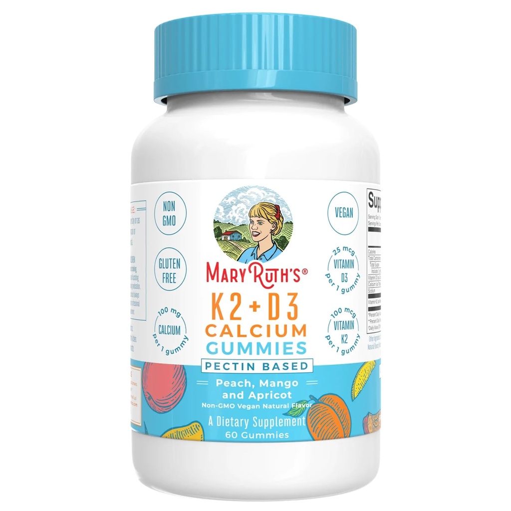 Le calcium biologique de MARYRUTH avec vitamine D et vitamine K2, 2 mois d'approvisionnement, supplément de calcium soutient la santé osseuse et le soutien interarmées, avec des vitamines D3 K2 Gummies, végétalien, non-OGM, sans gluten, 60 Compte