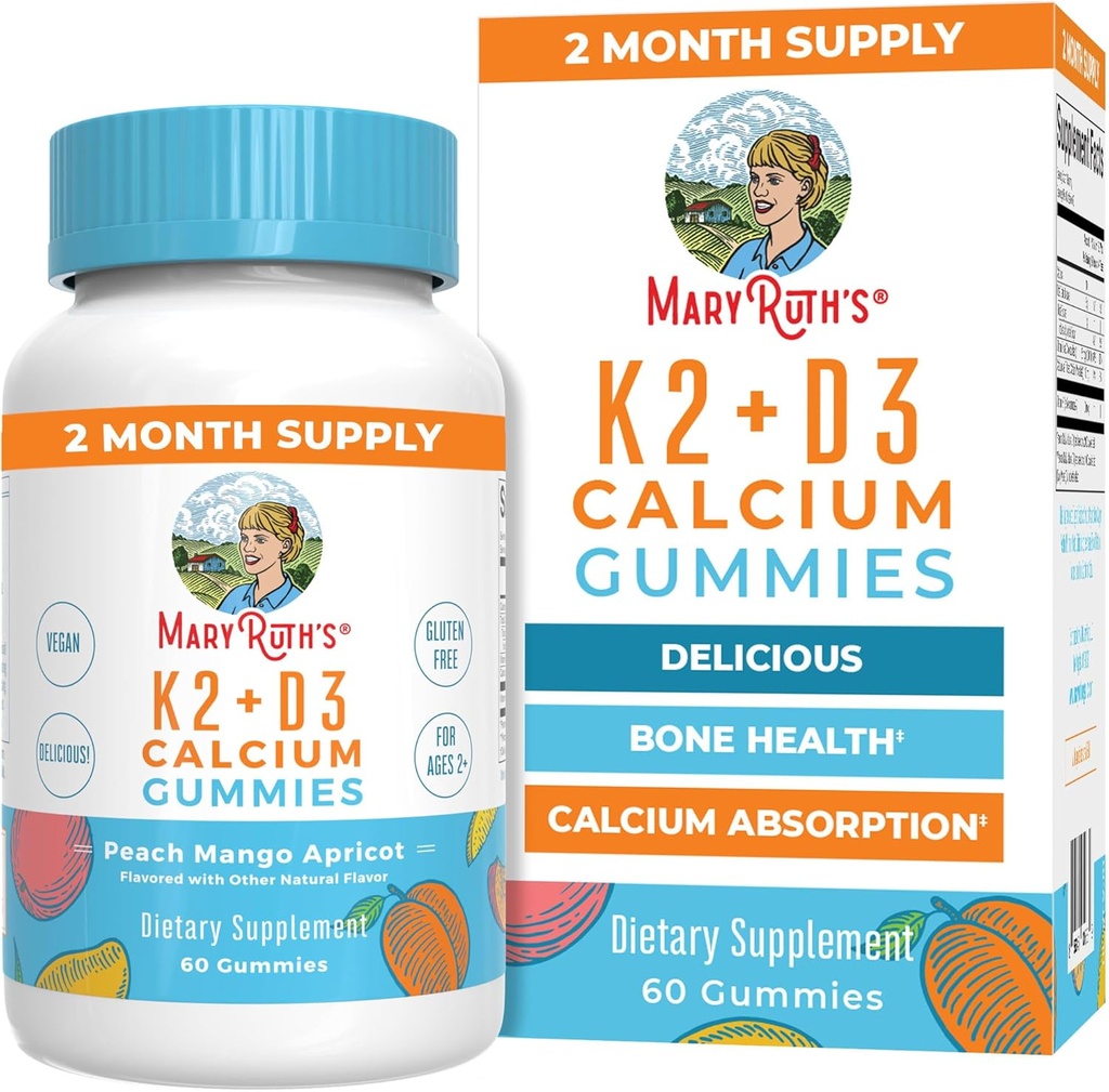 MaryRuth Organics Calcium with Vitamine D & Vitamine K2, 2 mois d'approvisionnement, supplément de calcium soutient la santé osseuse et le soutien conjoint, avec les vitamines D3 K2 Gummies, végétalien, non-OGM, sans gluten, 60 Compte