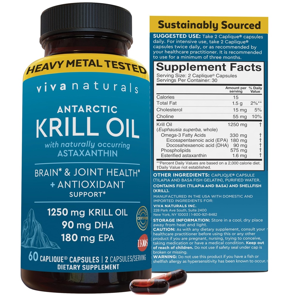 Viva Naturals Antarctique Krill Oil Omega 3 Suppléments 1250 mg - DHA EPA Omega-3 & Astaxanthin Concentration pour la santé articulaire, sans Burp de poisson - 60 capsules d'huile de krill