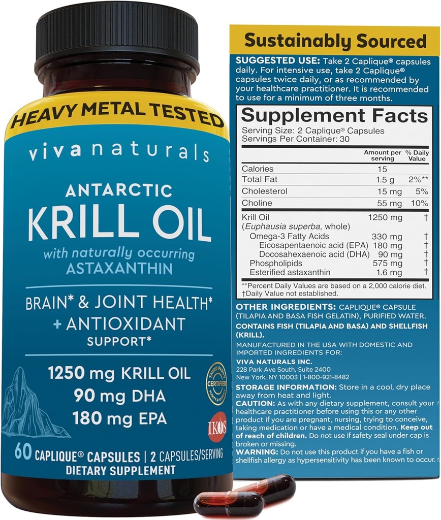 Viva Naturals Antarctique Krill Oil Omega 3 Suppléments 1250 mg - DHA EPA Omega-3 & Astaxanthine Concentration pour la santé conjointe, sans Burp de poisson - 60 capsules d'huile de krill