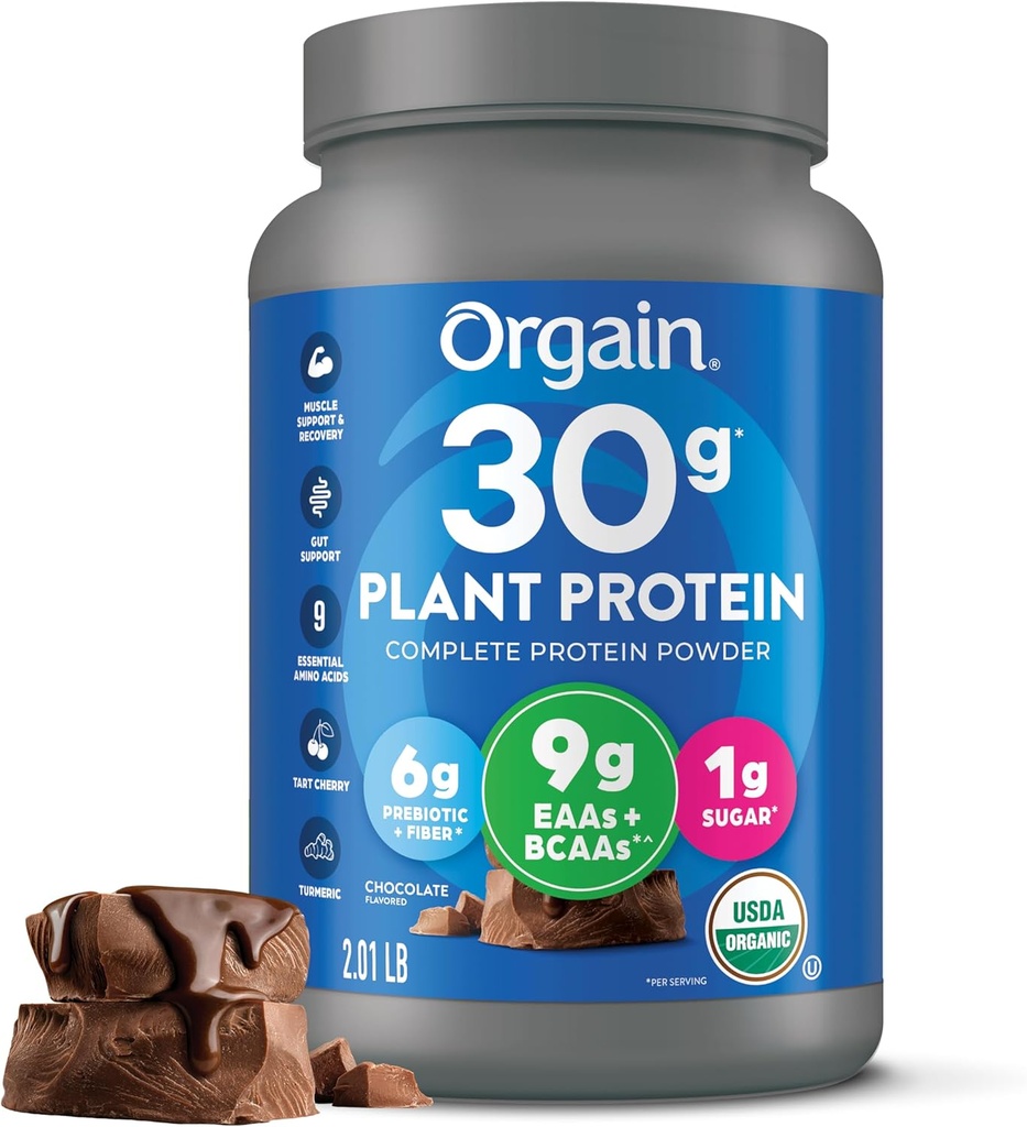 Orgaine biologique 30g Poudre de protéines végétales, Chocolat 9g AAE + BCAA, Protéines végétales, 6g Prébiotique + Fibre, 1g Sucre, Pré-entraînement, Soutien musculaire + Récupération - 2.01lb (Paquetage mai Varier)