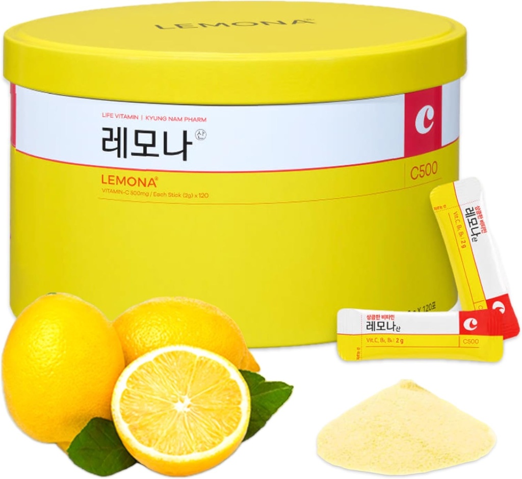LEMONA Official Vitamine C Powder 500mg Suppléments coréens Immune Support B6, B2, Packets On-The-Go Vitamine Vie saine, Facile à prendre au quotidien stimuler l'énergie Snacks alimentaires coréens Lemon (120Sticks)