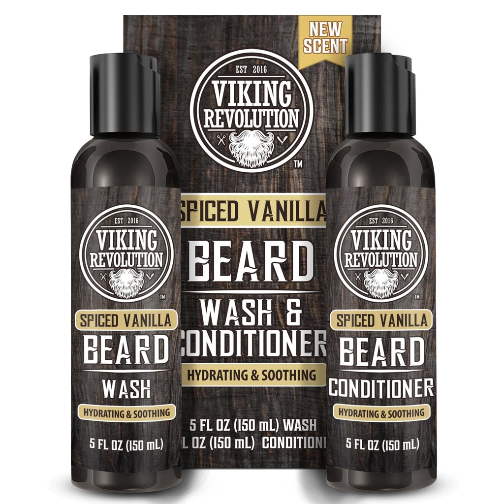 Revolution Viking Laver la barbe et conditioner pour les hommes avec huile d'argan et huile de jojoba - assouplissant et fortifiant soin de la barbe Shampooing et conditionneur avec huile de barbe (5oz, Vanille épicée)
