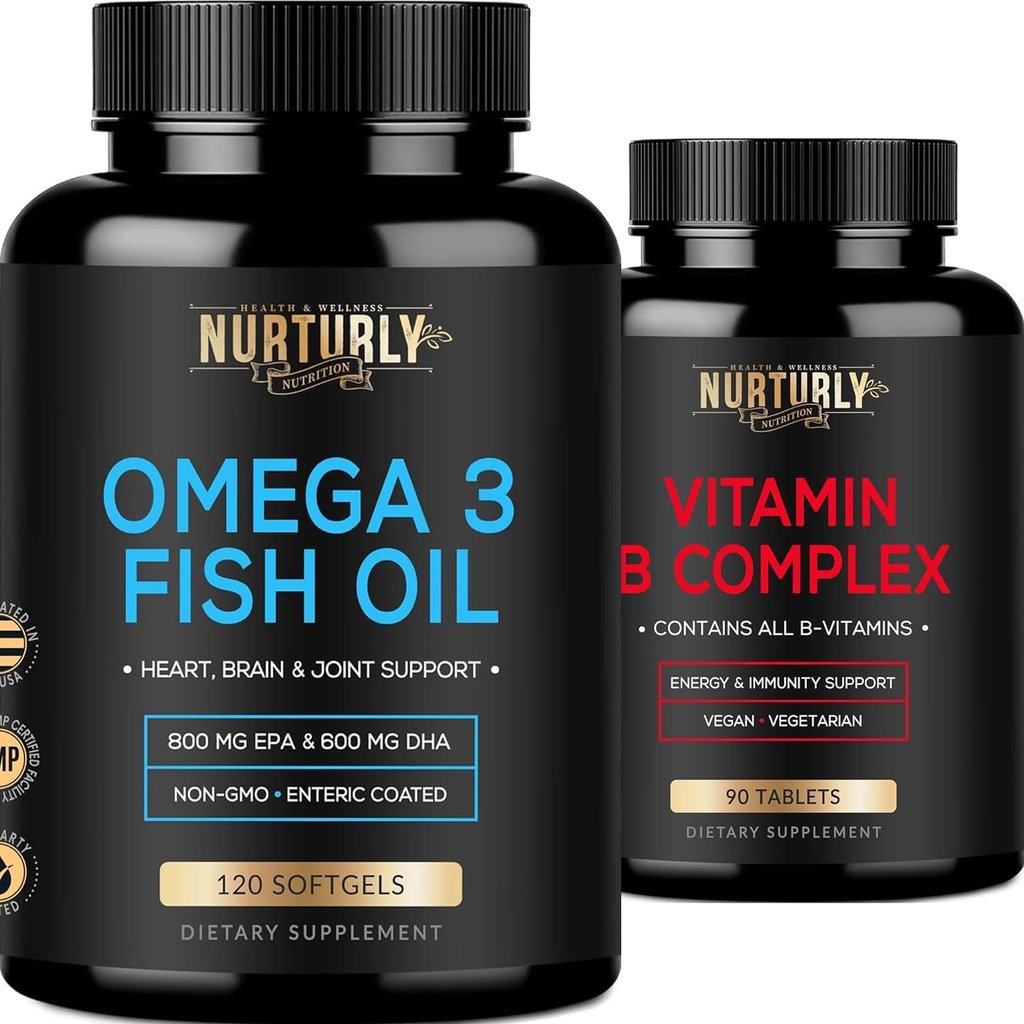 Complexe Vitamine B et Oméga 3 Huile de poisson - B Vitamines B1,B2,B3,B5,B6,B7,B9,B12 et Biotine – Huile de poisson 2000mg, 800mg EPA et 600mg DHA - Énergie, immunité, articulations, cerveau et santé cardiaque