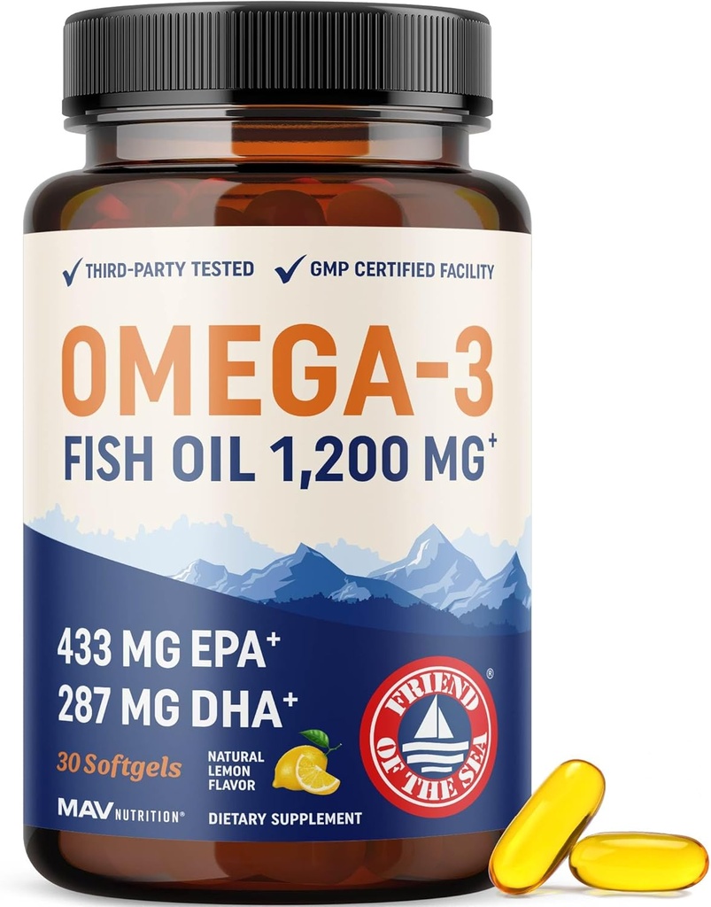Triple force Omega 3 huile de poisson 1200 mg EPA & DHA , prise sauvage, source durable Omega-3 acides gras , Suppléments d'huile de poisson sans Burpless , non-OGM , tiers testé , 30 softgels