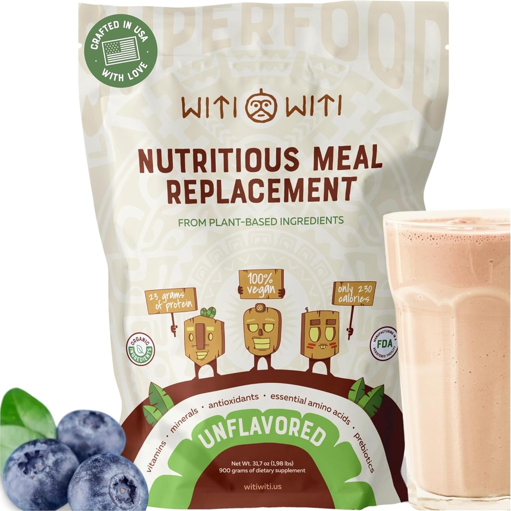 Substitut de repas végétalien WitiWiti, non aromatisé - Poudre de protéines à base de plantes 23g - Superfood, Verts, Prébiotiques, Vitamines et Minéraux - Sans lait et gluten - Tout en un agit pour les femmes et les hommes, 15 Svgs