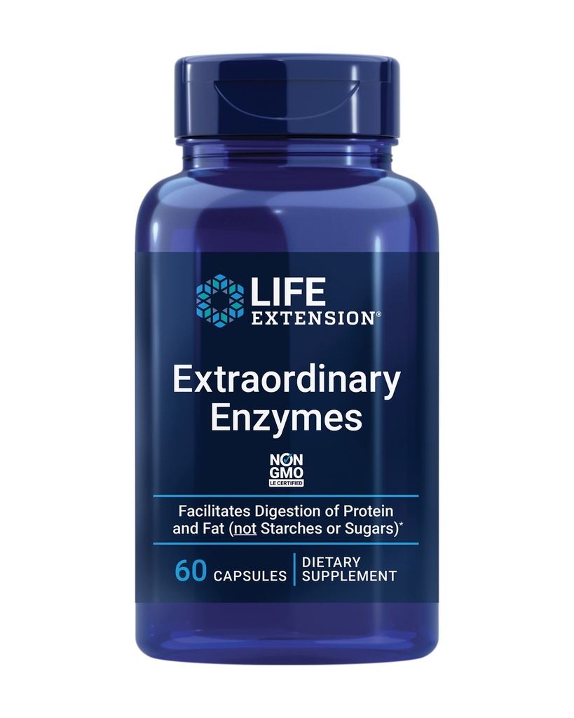 Extension de vie Enzymes extraordinaires, Soutien de la santé digestive, Absorption des nutriments, enzymes digestives, Non-OGM, 60 Capsules