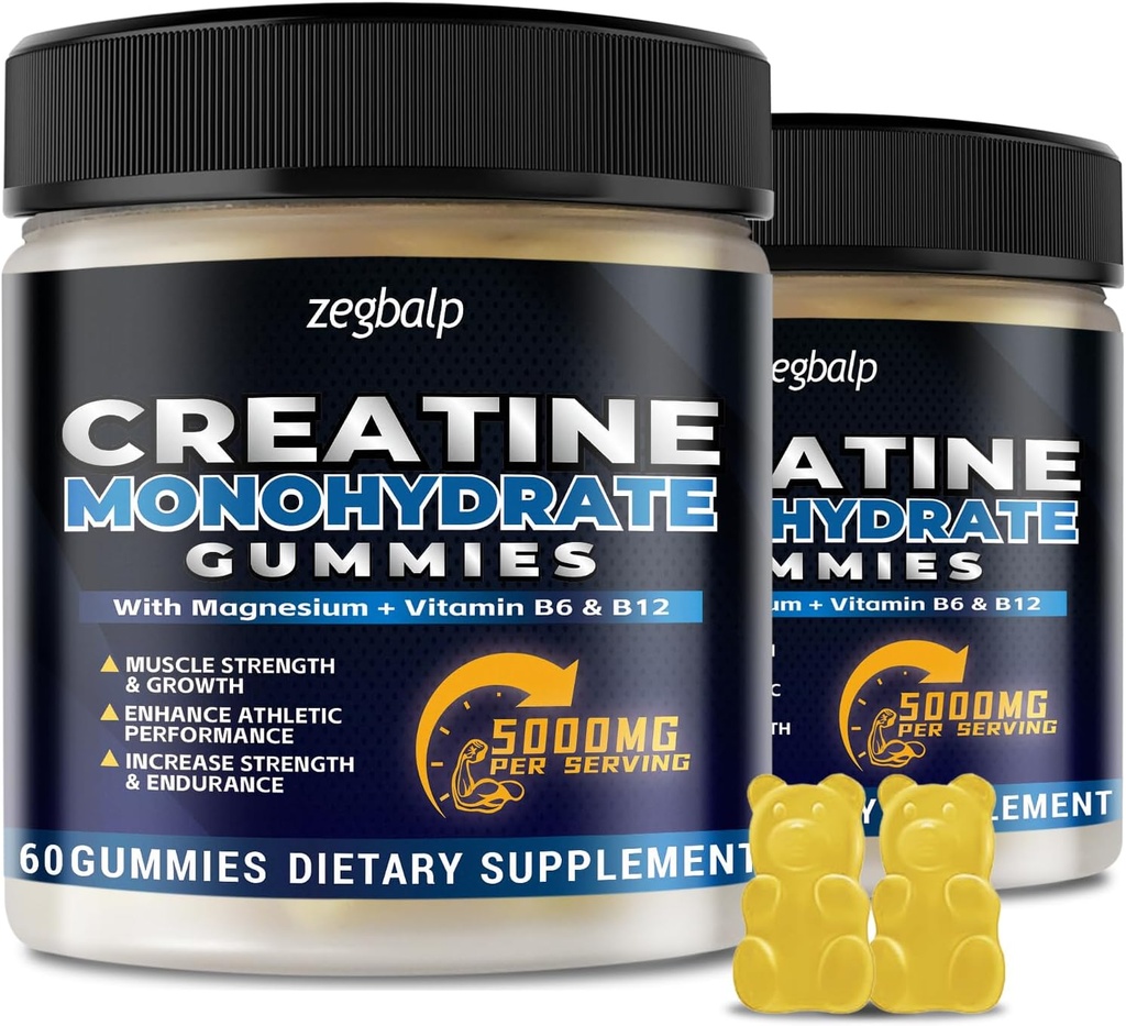 Gommies monohydratées de créatine 5g pour les hommes et les femmes - Gommy sans sucre Gommy de créatine 5000mg avec Taurate de magnésium, L-Taurine, Vitamine B 6 & B12 pour le soutien musculaire, Boost énergétique, Pré-entraînement, 120 Compte