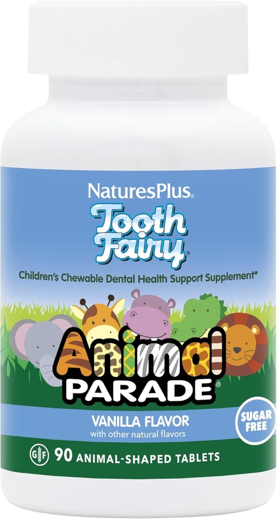 NaturesPlus Parade animale Dent de fée Chewables pour enfants - Saveur de vanille naturelle - 90 comprimés en forme d'animal, lot de 2 - Supplément santé dentaire - Végétarien, sans gluten - 90 portions totales