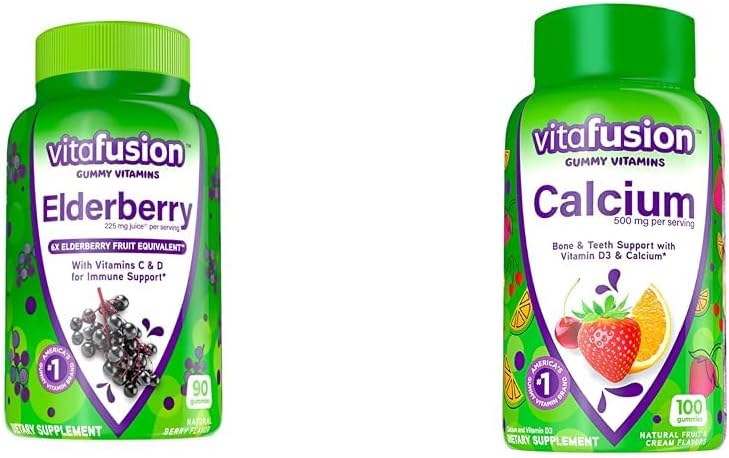 Vitafusion Vitamines gommy de la baie aînée 90ct et Vitamines gommy de calcium 100ct pour les dents osseuses