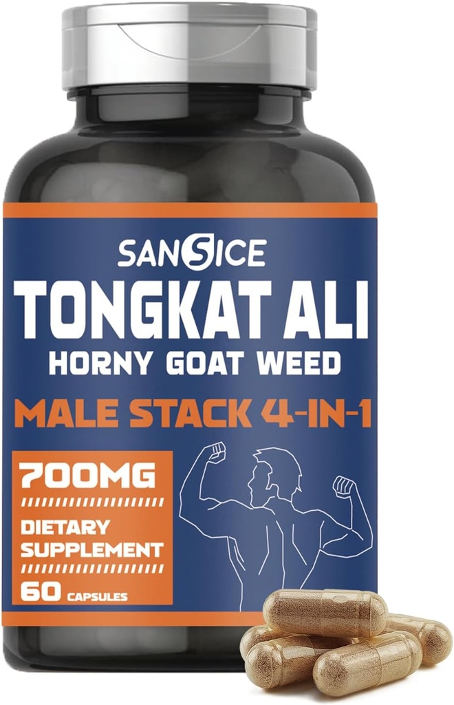 Supplément de Tongkat Ali pour extrait de Vitalité-Tongkat Ali avec herbe de chèvre en chaleur, Oryzanol et Calostrum pour les hommes, supplément mâle Capsules de chèvre en chaleur pour Hormone, énergie, force(60 Capsules)