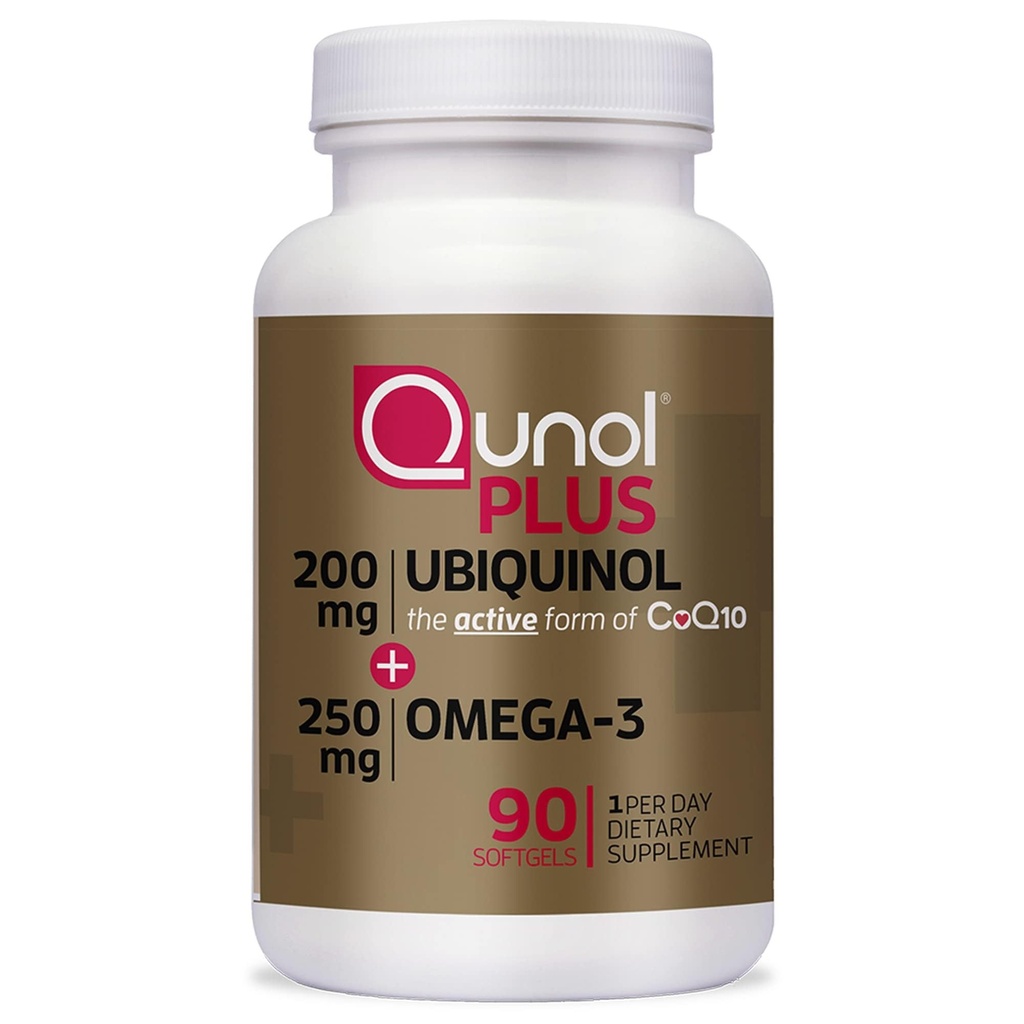 Qunol Plus Ubiquinol Coq10 200mg avec Omega 3 250mg Antioxydant extra-fort (Version bovine), 90 Nombre