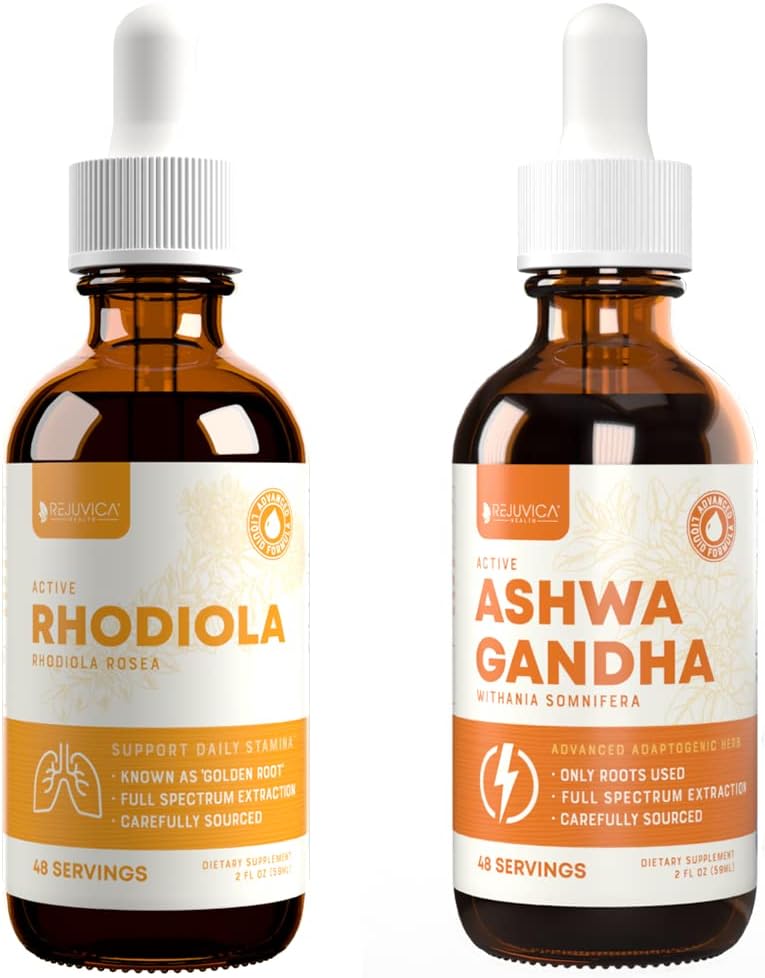 Rejuvica Health Active Rhodiola + Active Ashwagandha - Soutien Énergie + Stress - Livraison liquide pour une meilleure absorption - Racine Rhodiola et Racine Ashwagandha