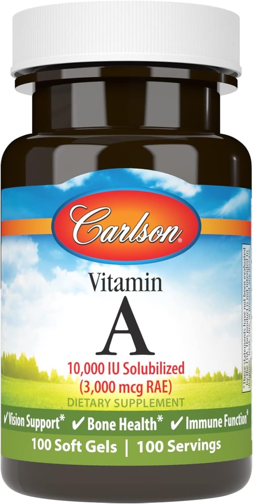 Carlson - Vitamine A solubilisée, 10000 UI (3000 mcg RAE), soluble dans l'eau, vision santé, 100 softgels