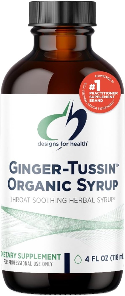 Designs for Health Ginger Root Sirop with Honey + Wild Cherry Bark - Ginger-Tussin supplément de soutien immunitaire liquide - Conçu pour aider à apaiser la gorge (47 portions / 4 Fl Oz)