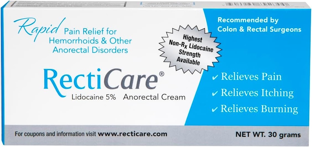 Recticare Anorectal Lidocaine 5% Crème: Crème de numération topique pour le traitement des hémorroïdes et autres troubles anorectaux - 30g Tube