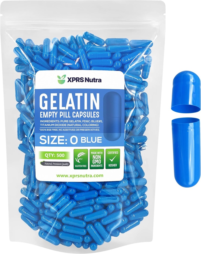 XPRS Nutra Taille 0 Capsules vides - 500 Compte Capsules de gélatine vides - Pills Bricolage Capsule Remplissage - Pure Pill Gel Caps pour Do-It-Youlf Suppléments (Blue)