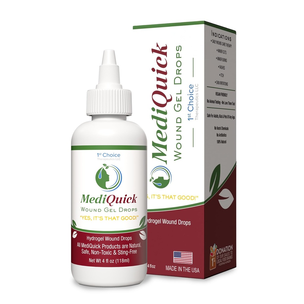 Drops hydrogels MediQuick Skin & Wound Care - guérison rapide gouttes de premiers soins avec 12 heures d'action pour guérir les coupures, brûlures, inflammation, rash, démangeaisons, eczéma et plus - Wound Wash sans danger - 4 Fl Oz