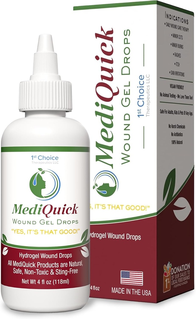 MediQuick Skin & Wound Care Hydrogel Drops - Quick Healing First Aid Drops with 12 Hours Action to Heal Cuts, Burns, Inflammation, Rash, Itch, Eczema & More - Safe Wound Wash with No-Sting - 4 Fl Oz