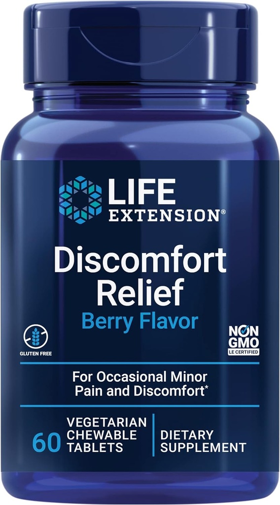 Life Extension Pea Discomfort Relief (Berry Flavor) for Occasional Minor Pain & Discomfort – Palmitoylethanolamide Supplement - Gluten-Free, Non-GMO, Vegetarian – 60 Chewable Tablets
