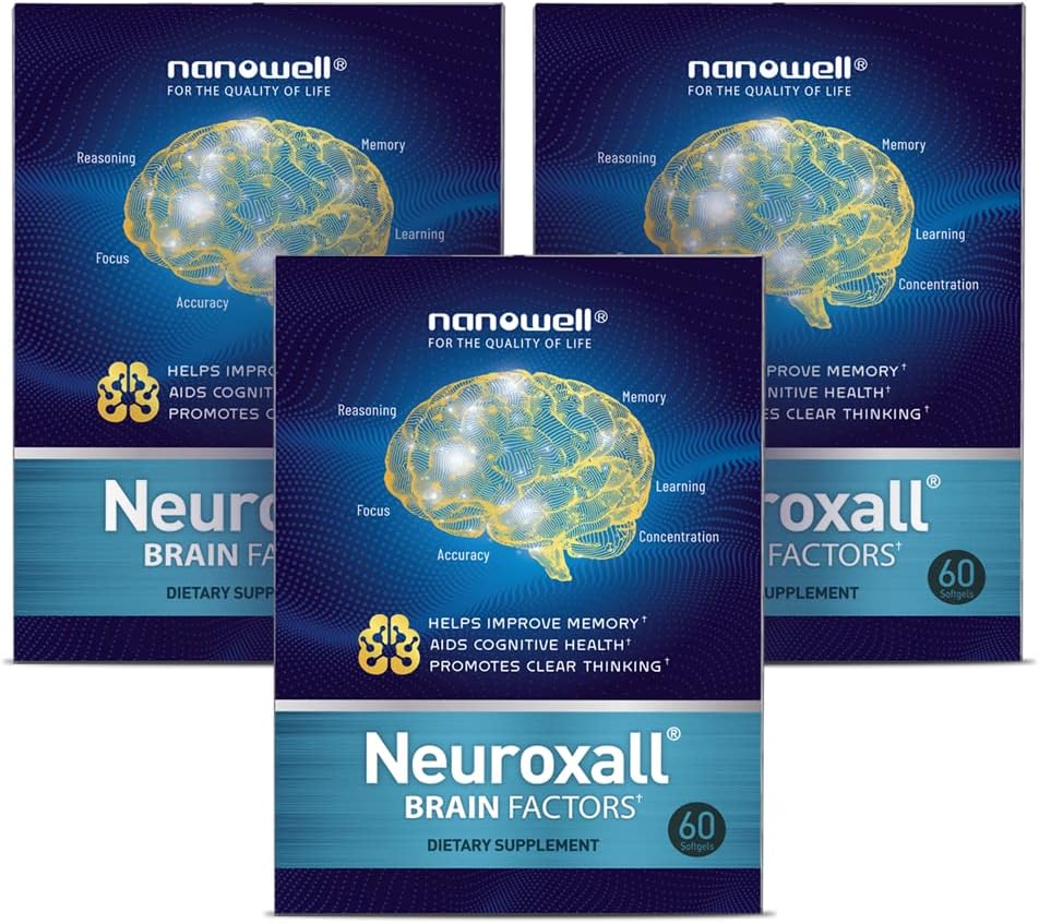 NANOWELL Neuroxall Supplément santé cérébrale pour la fonction cognitive améliorée et la clarté mentale, Astaxanthin, Ginkgo Biloba Extrait, antioxydant - 60 Softgels X 3 boîtes pendant 3 mois (180 comte)