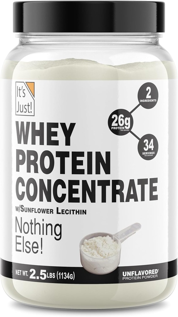 C'est juste ! - 100% Whey Protein Concentrate, Fabriqué aux États-Unis, Premium WPC-80, Pas d'arômes ou d'édulcorants artificiels ajoutés (2,5 livres, non aromatisé)