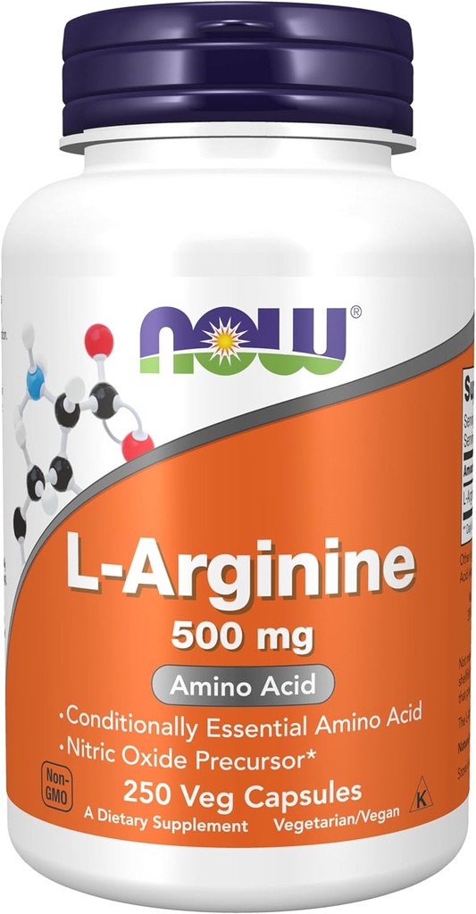 MAINTENANT Compléments alimentaires, L-Arginine 500 mg, Précurseur à oxyde nitrique*, acide aminé, 250 gélules