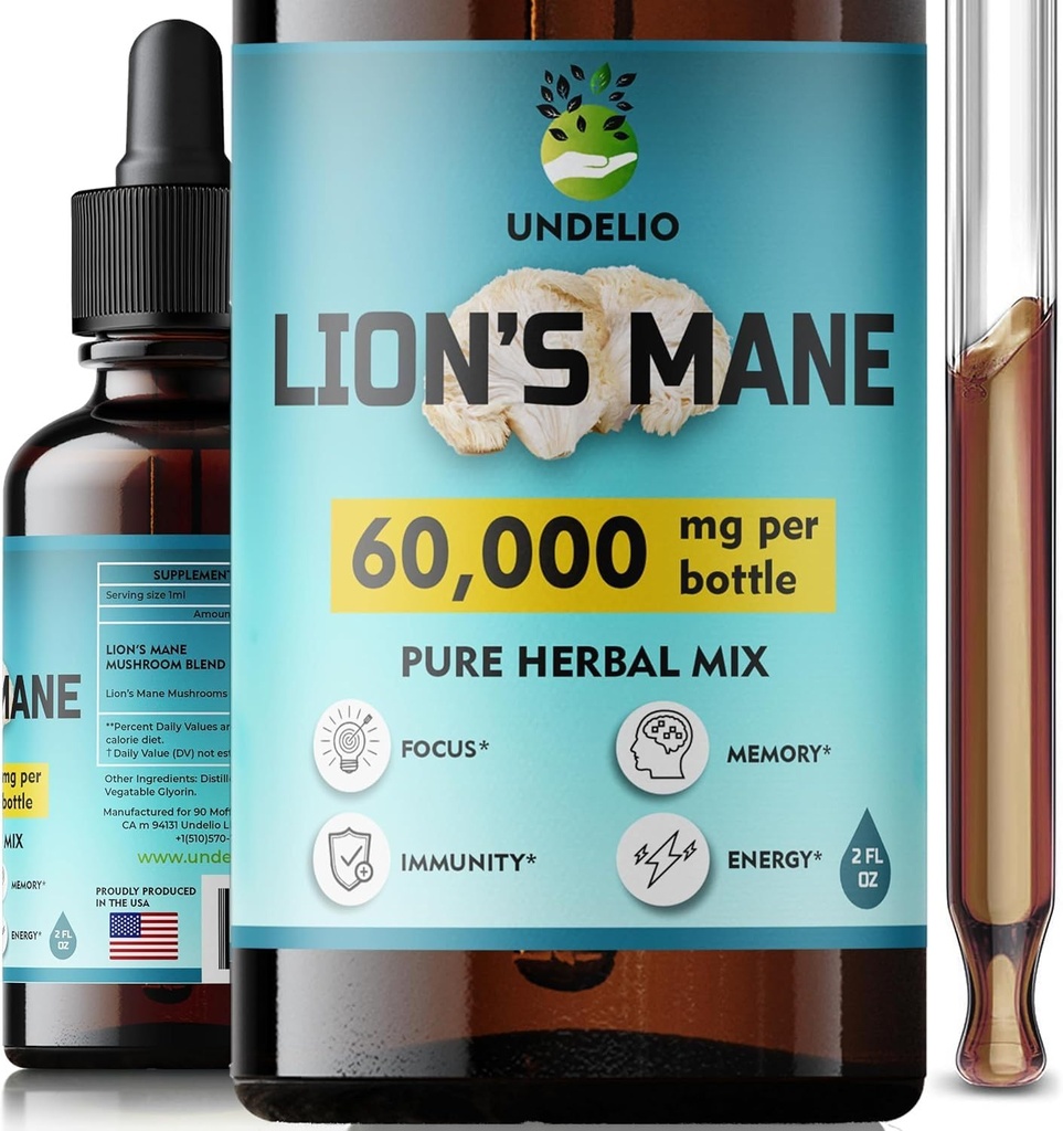 Supplément de la Mane de Lions - Supplément quotidien de champignons pour la mémoire, le focus et la clarté - Brain Booster - Teinture de la Mane de Lions pour le soutien naturel immunitaire - Vegan, Organic - 2 Fl oz