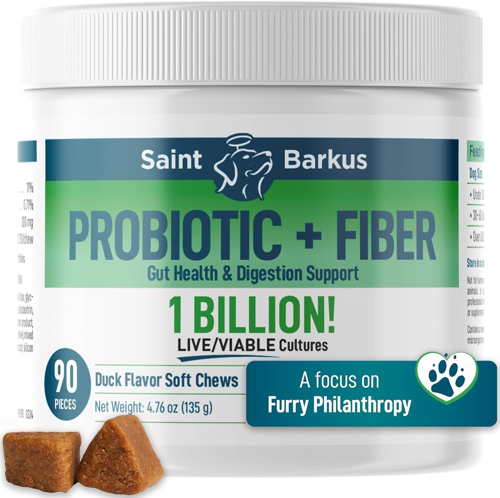 Probiotic + Fiber Regularity & Digestive Health. Probiotic Supplements for Dogs for Gut Health, Regularity, Upset Stomach, Gas, Yeast. Give Back to No-Kill Shelters! 90 Count