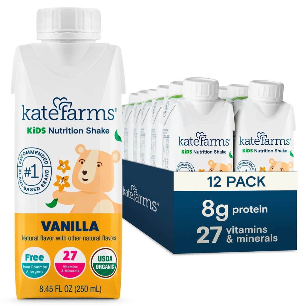 KATE FARMS Organic Kids Nutrition Shake, Vanille, 8g de protéines, 27 Vitamines et Minéraux, Boissons de remplacement des repas, Secouer des protéines, Sans gluten, Non-OGM, 8,45 Fl oz (paquet de 12)