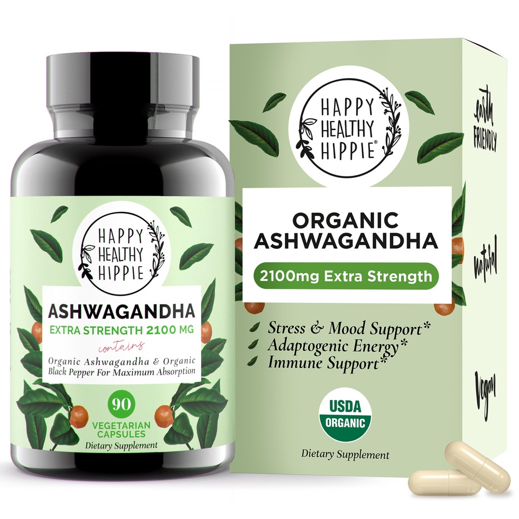 Capsules d'Ashwagandha biologique 2100mg – Supplément anti-stress – Extra Strength, 100% Herbal, Energy, Mood & Cortisol Manager, Comprend le poivre noir pour haute absorption – Non-OGM, 90 Ct