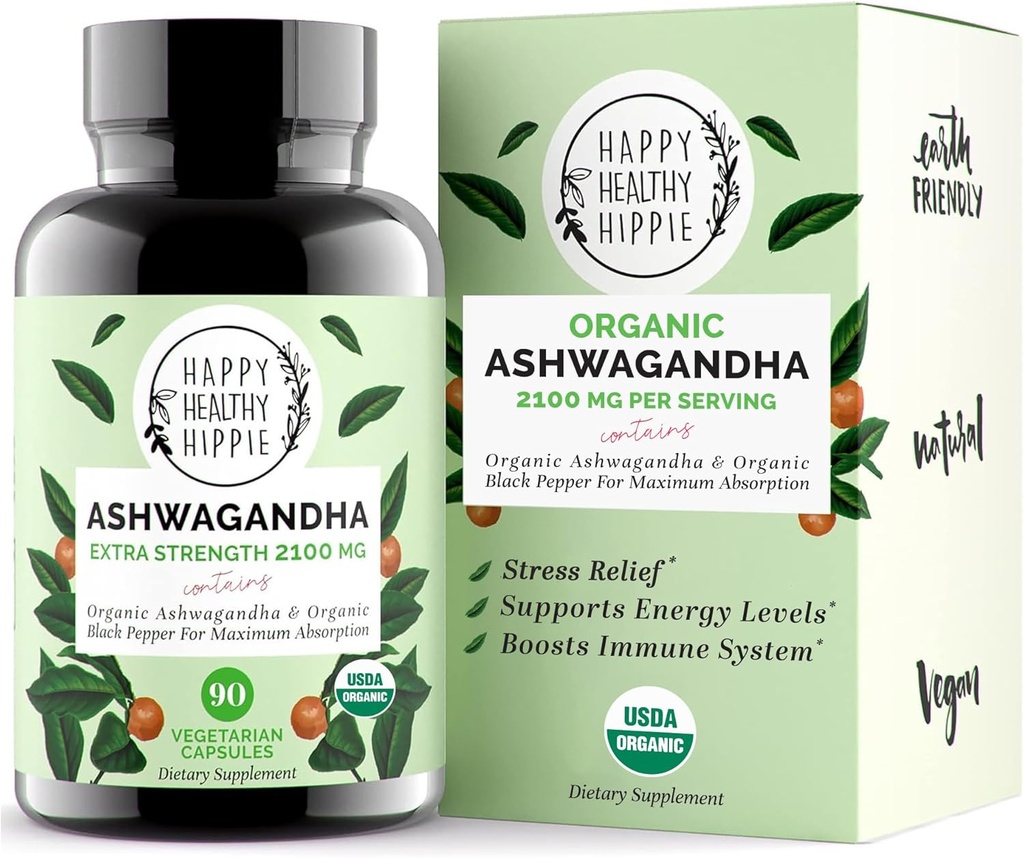 Organic Ashwagandha Capsules 2100mg – Stress Relief Supplement – Extra Strength, 100% Herbal, Energy, Mood & Cortisol Manager, Includes Black Pepper for High Absorption – Non-GMO, 90 Ct​