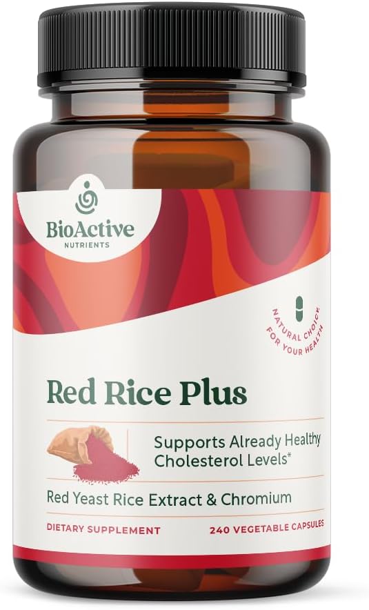 NUTRIENTS BIOACTIFS Supplément Riz Rouge Plus - 240 capsules végétales - Mélange propriétaire de curcuma, poivre noir, poivre Cayenne, racine de gingembre et romarin - Soutien du cholestérol