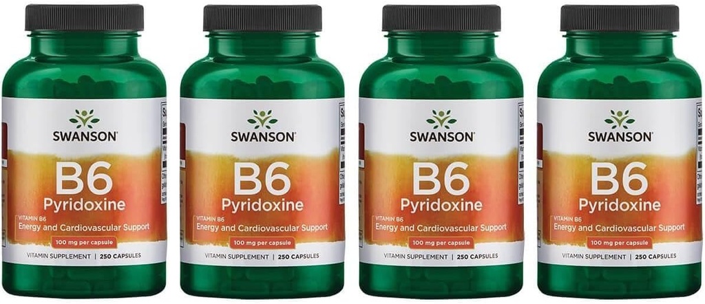 Swanson B6 Pyridoxine - Supplément de vitamine favorisant la santé cardiovasculaire et le métabolisme énergétique - Formule naturelle favorisant le mieux-être général - (250 capsules, 100 mg chacune) (4 pack)