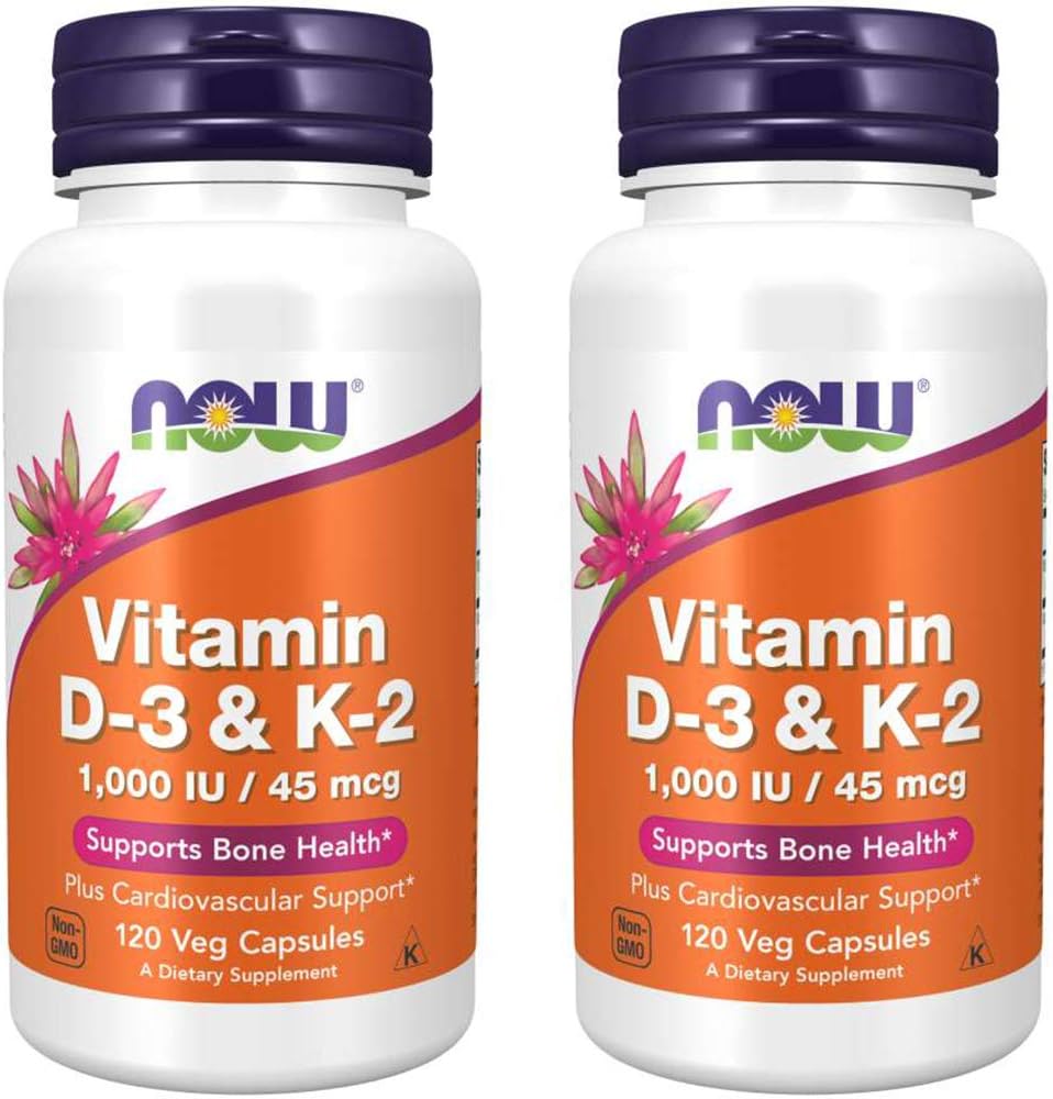 NOW Foods Vitamin D-3 & K-2, 120 Veg Capsules, 2 Pack
