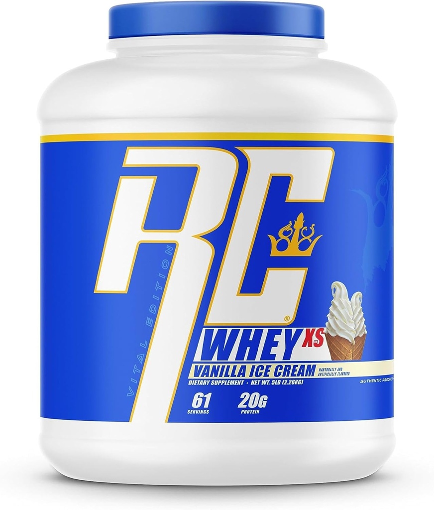 Ronnie Coleman Whey XS Whey Protein Powder Vanilla Ice Cream 61 portions – 20g Whey Isolate Protein Powder avec BCAAs, AAE et Glutamine – faible supplément de sucre pour la croissance et la récupération musculaires