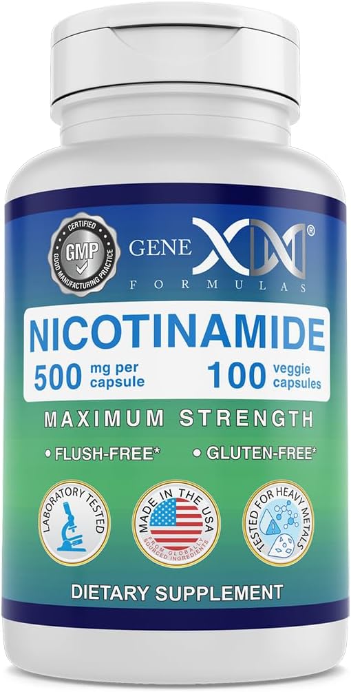 Formules Genex - Nicotinamide 500mg Vitamine B3 Capsules de niacine sans flush pour une peau saine - pilules de supplément Niacinamide Aidez à produire de la kératine et à soutenir la santé et l'énergie des cellules de la peau - (100 capsules)