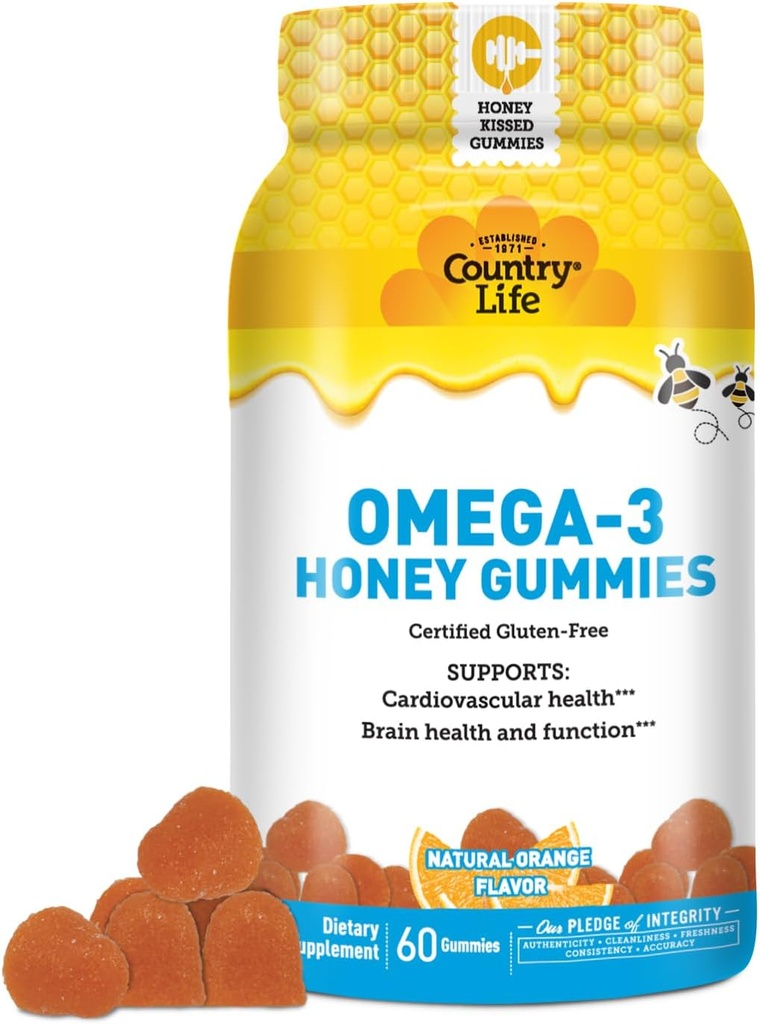 Country Life Omega-3 Miel Gummies – Soutien cardiovasculaire et de santé du cerveau – Non-OGM, certifié sans gluten – naturellement sucré – 60 Gummies