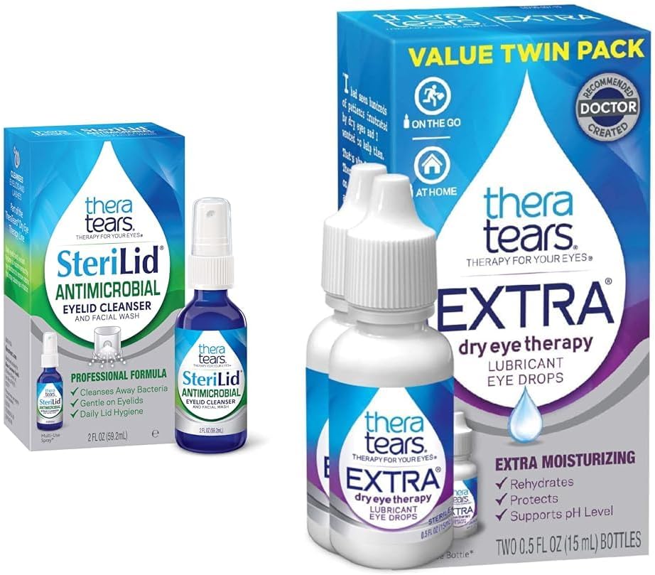 TheraTears Extra Dry Eye Therapy Lubricating Eye Drops for Dry Eyes, 0.5 fl oz Bottle, 2 Count & SteriLid Eyelid Cleanser and Face Wash, for irritated eyes, 2 fl oz Spray